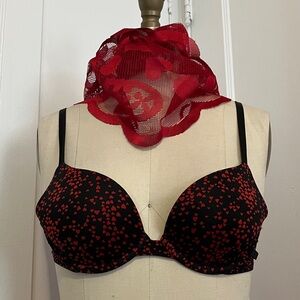 Victoria’s Secret Black & Red Heart Print Double Push-Up Bra | Valentine’s Day